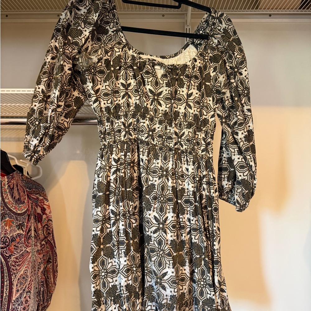 Cleobella Olive & White Smocked Midi Dress with Puff Sleeves